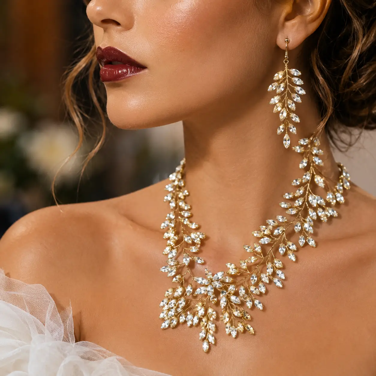 Luxury Bridal Leaf Crystal Jewelry Set – Wedding Necklace & Long Earrings for Brides - Jewelry Sets from Glam Duchess