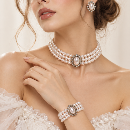 Victorian Pearl Choker Set Adjustable Three Strand With Earrings And Bracelet For Modern Bride - Jewelry Sets from Glam Duchess