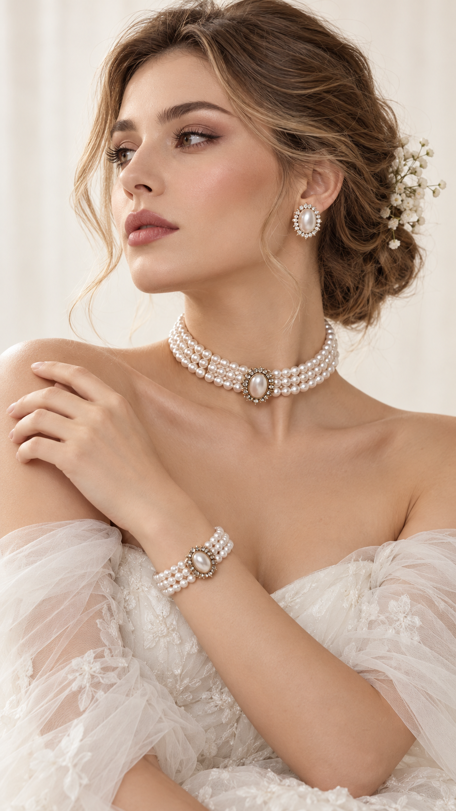 Victorian Pearl Choker Set Adjustable Three Strand With Earrings And Bracelet For Modern Bride - Jewelry Sets from Glam Duchess
