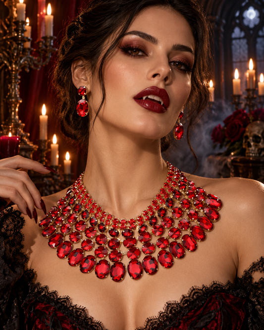 Red Crystal Necklace Set With Earrings Gold Tone Bib Statement Jewelry For Women - Jewelry Sets from Glam Duchess