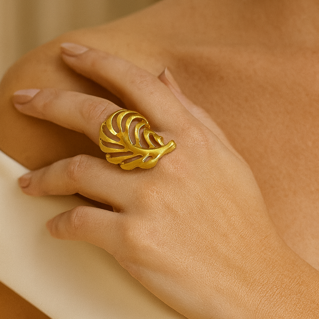 Botanical Leaf Ring - Chunky Gold Plated Adjustable Nature Jewelry, Handmade In Turkey - Glam Duchess