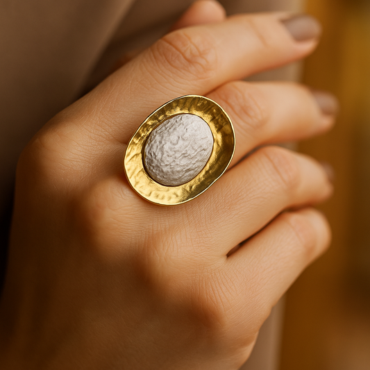Chunky Gold Plated Adjustable Ring - Bold Textured Silver Gold Statement Jewelry, Handmade In Turkey