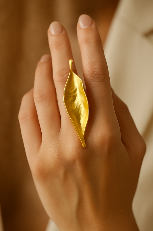 Botanical Leaf Ring - Chunky Gold Plated Adjustable Nature Jewelry, Handmade In Turkey
