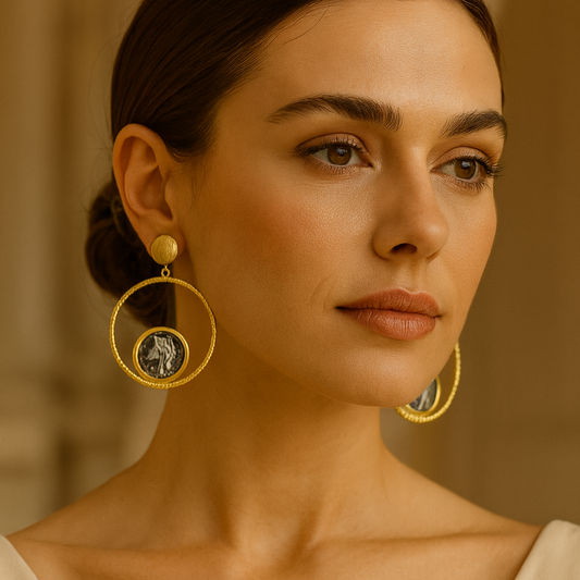 Gold Plated Roman Coin Pearl Hoop Earrings - Handmade Infinity Loop Fashion Jewelry, Handmade In Turkey