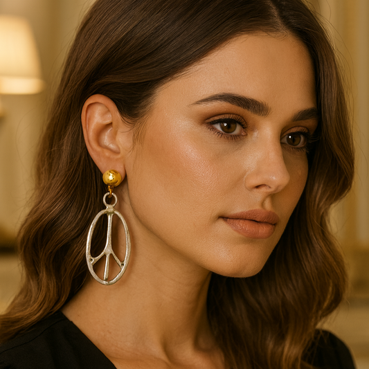 Handmade Boho Chic Two-Tone Gold-Plated Peace Symbol Earrings, Handmade In Turkey