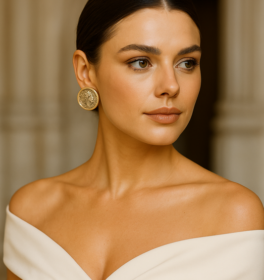 Ancient Coin Statement Earrings – Gold Framed Vintage Design