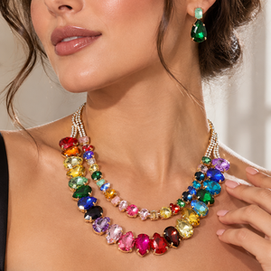 Layered Faceted Emerald Cut Gem Link Statement Evening Necklace - Jewelry Sets from Glam Duchess
