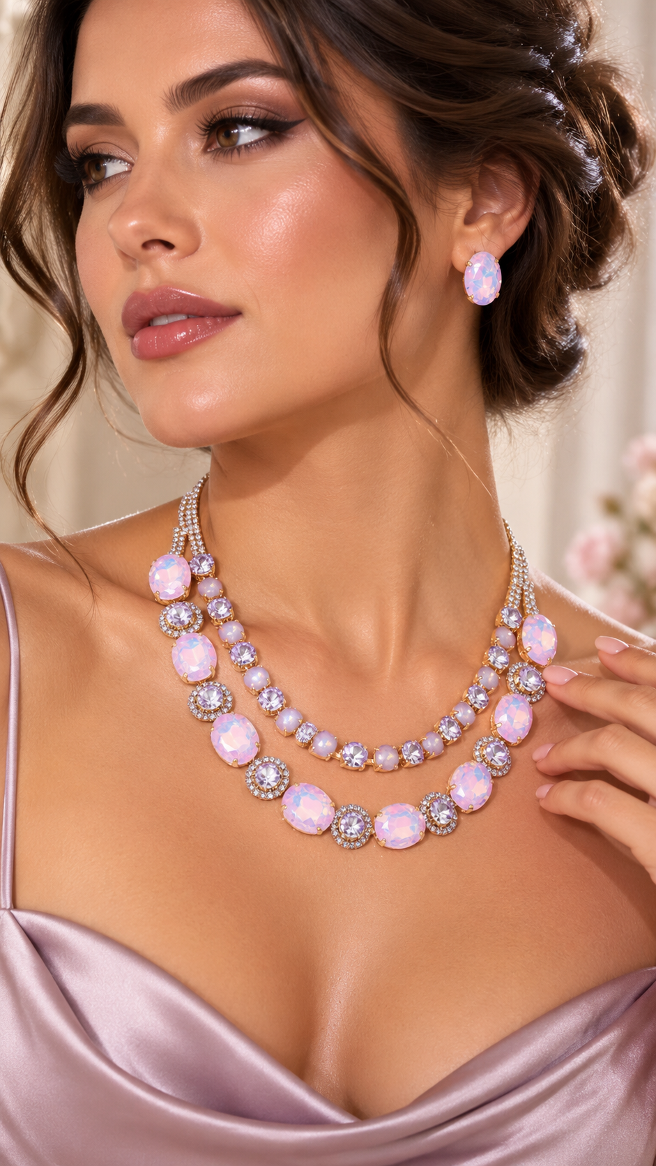 Oval Round Get Link Double Strand Evening Necklace Earrings Jewelry Set - Jewelry Sets from Glam Duchess
