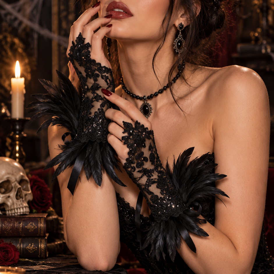 Halloween Feather Trim Lace Fingerless Costume Gloves - Costume Accessories from Glam Duchess