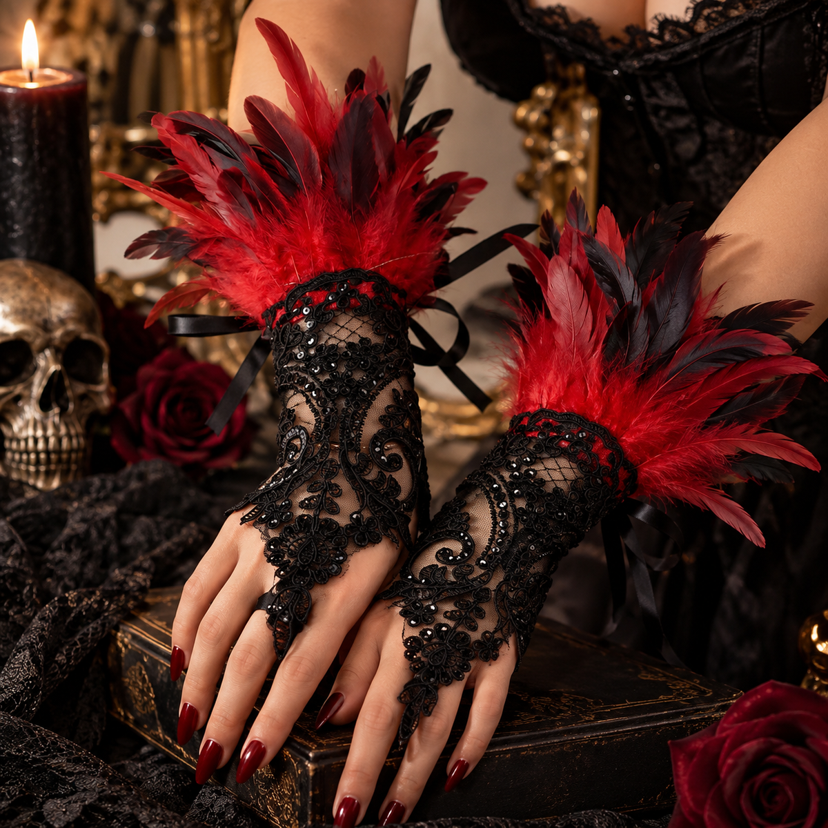 Halloween Feather Trim Lace Fingerless Costume Gloves - Costume Accessories from Glam Duchess