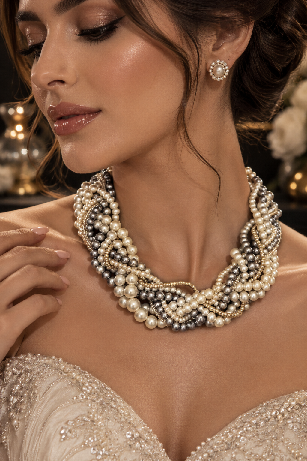 Multi Strand Pearl Necklace With Crystals Adjustable 16 To 19 Inch Luxury Jewelry - Necklaces from Glam Duchess