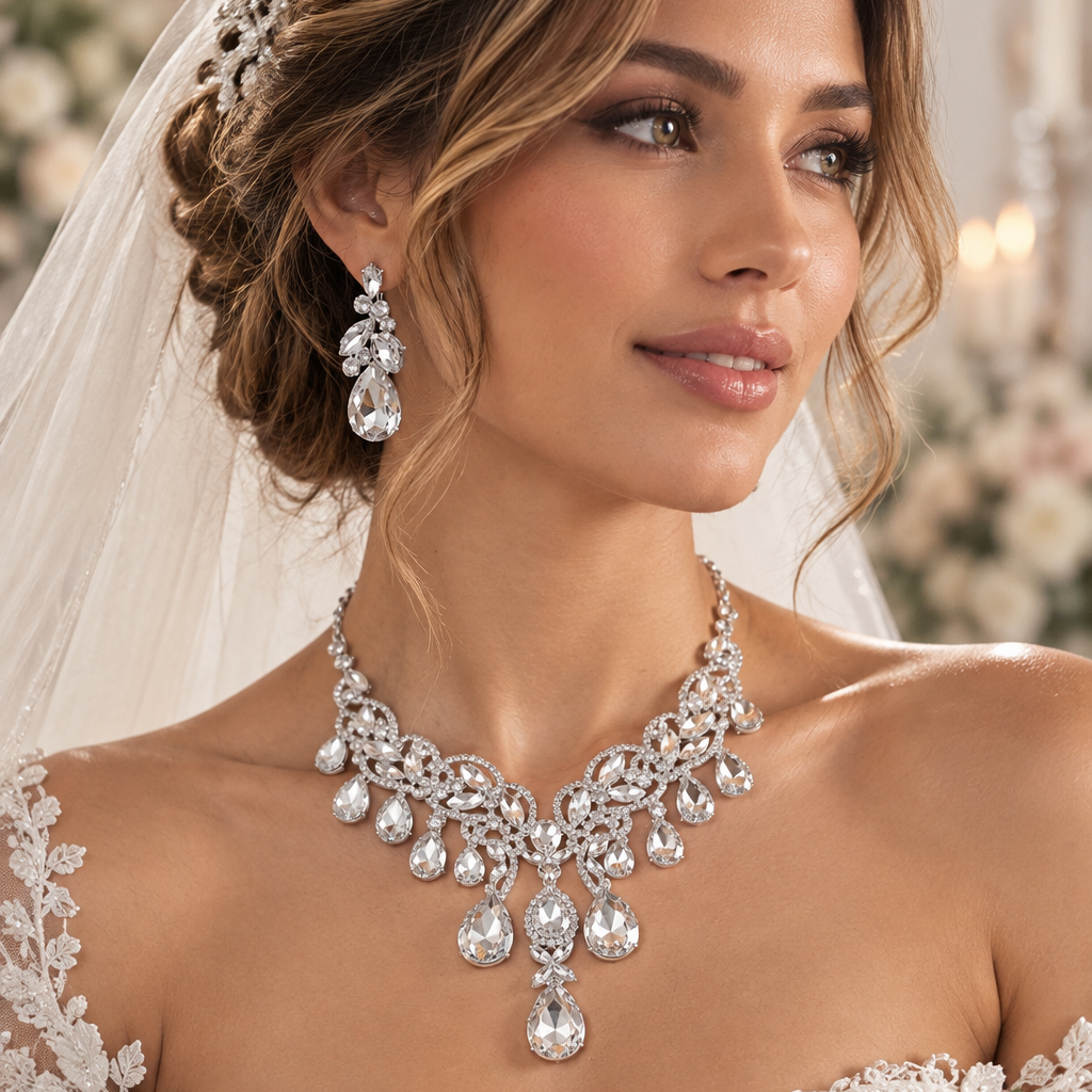 Teardrop Stone Cluster Embellished Statement Evening Necklace - Jewelry Sets from Glam Duchess
