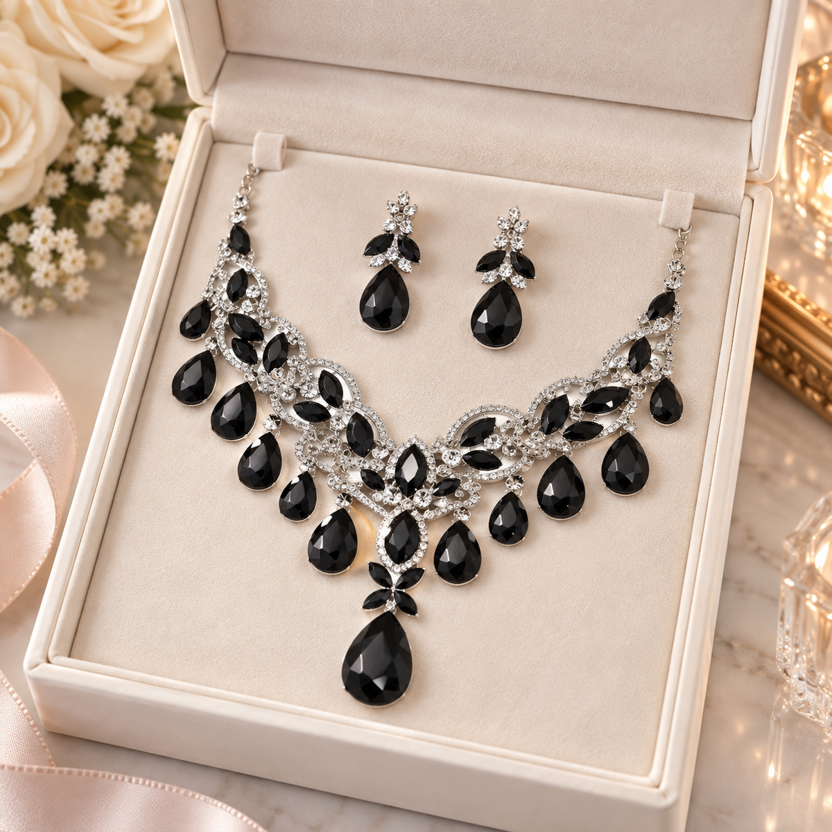 Teardrop Stone Cluster Embellished Statement Evening Necklace - Jewelry Sets from Glam Duchess