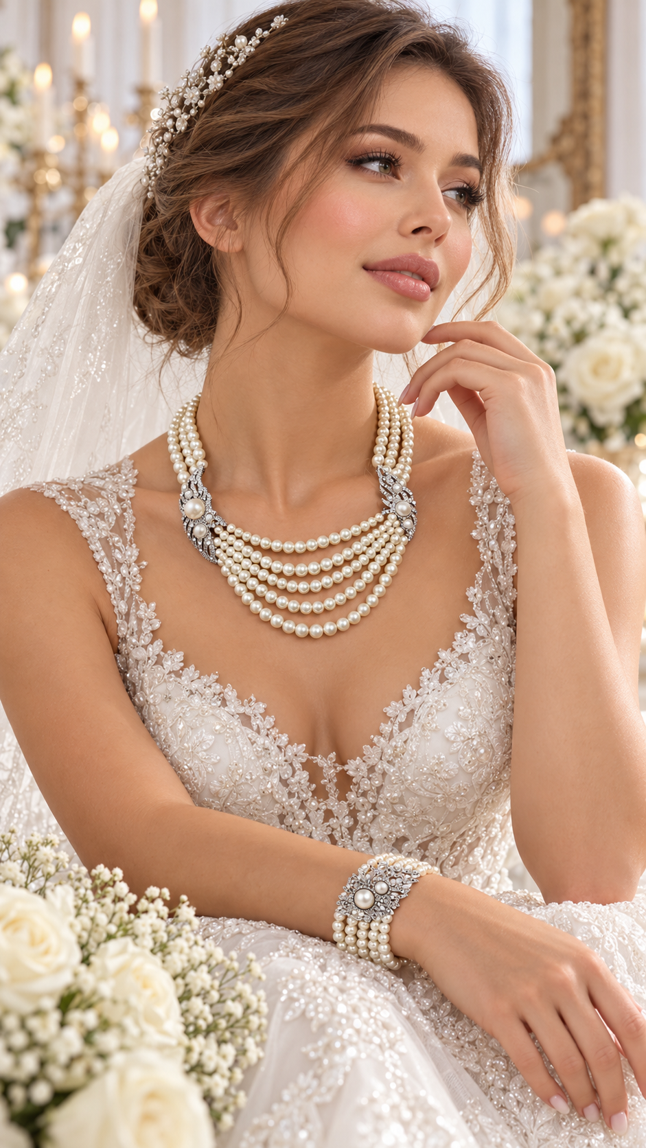 Hallywood classic chic pearl crystal multi layers Necklace bracelet - Jewelry Sets from Glam Duchess