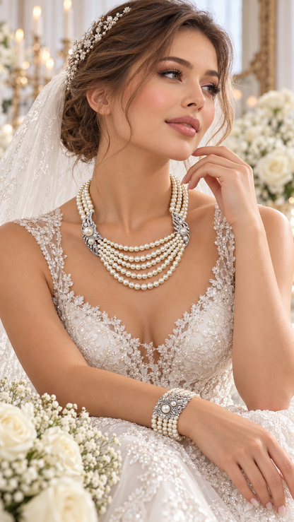 Hallywood classic chic pearl crystal multi layers Necklace bracelet - Jewelry Sets from Glam Duchess