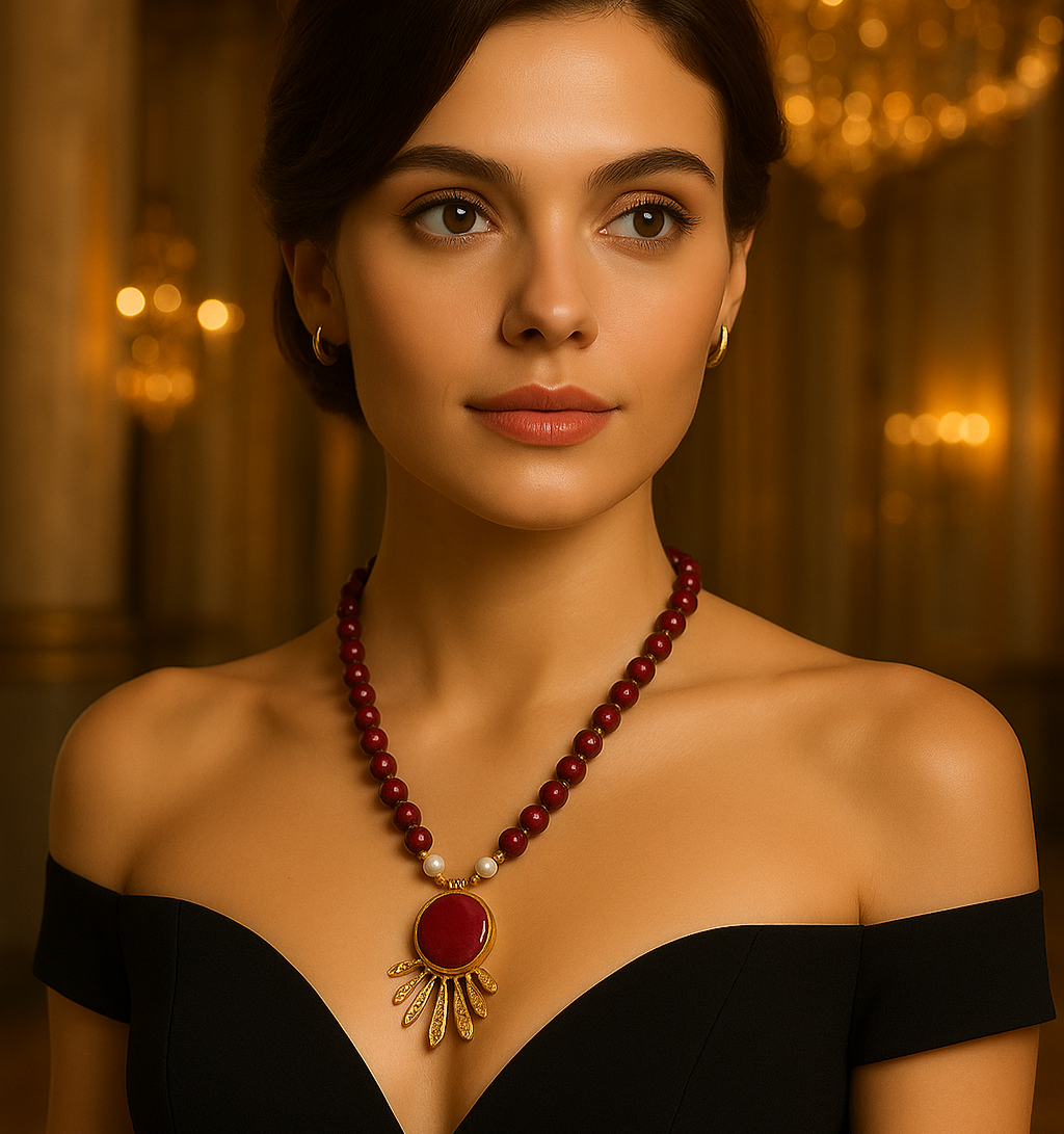 Gold-Plated Gemstone Necklace with Red Beads & Sunburst Pendant, Made in Turkiye