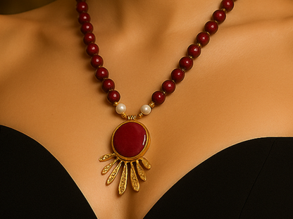 Gold-Plated Gemstone Necklace with Red Beads & Sunburst Pendant, Made in Turkiye