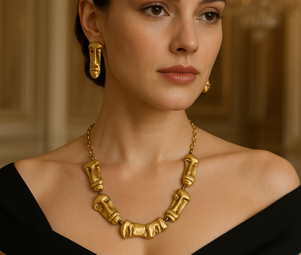 Luxury Artistic Gold Plated Face Necklace & Earrings Set – Statement Sculptural Jewelry