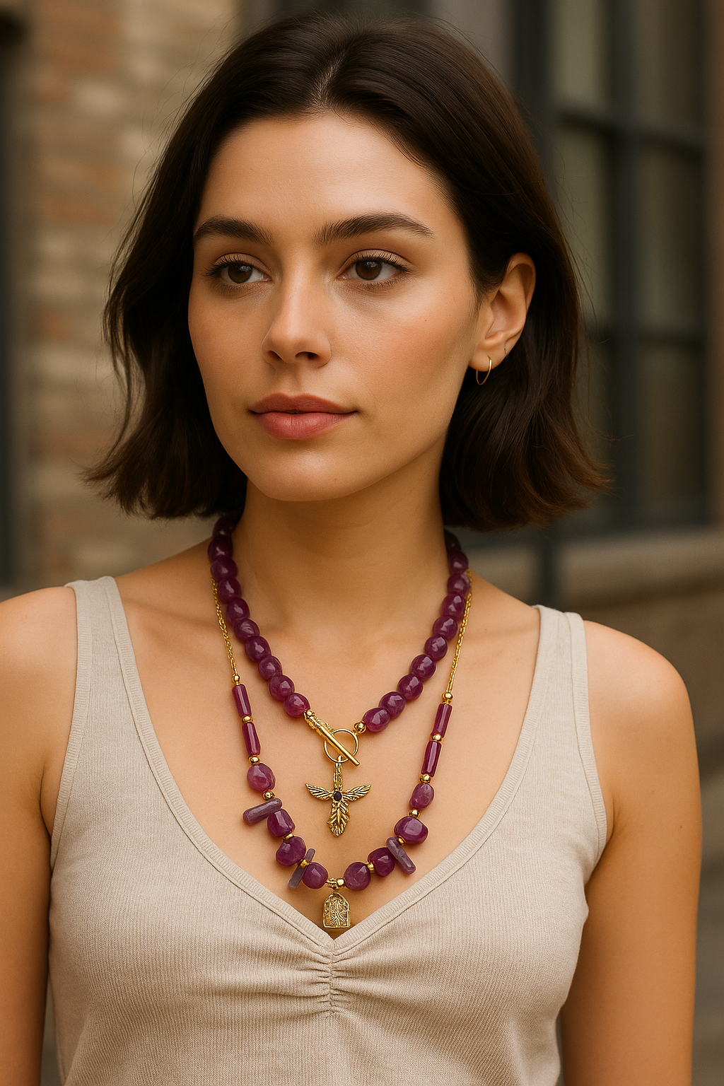 Handmade Gold Plated Purple Gemstone Layered Necklace Set with Gold Charms, Made in Turkiye