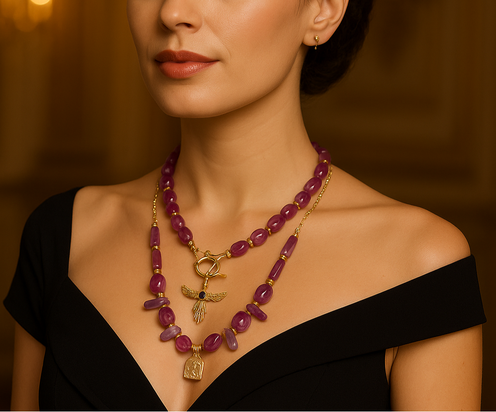 Handmade Gold Plated Purple Gemstone Layered Necklace Set with Gold Charms, Made in Turkiye