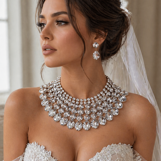 Bridal Crystal Choker Necklace Set with Earrings – Statement Rhinestone Wedding Jewelry for Bride by Glam Duchess (chunky-crystal-bib-necklace-statement-earrings-wedding-jewelry-set)