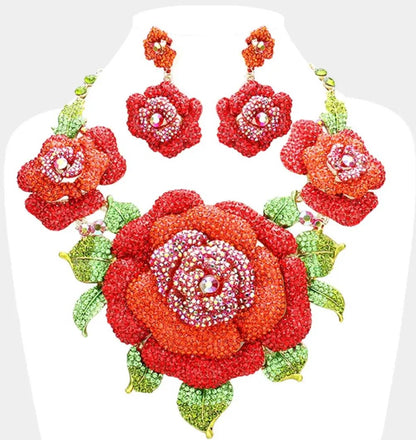 Crystal Pavé Rose Statement Necklace & Earrings Set - Jewelry Sets from Glam Duchess