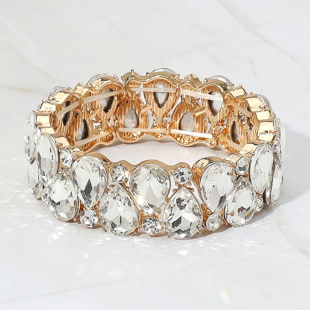 Clear Crystal Teardrop Stretch Bracelet | Gold Tone Bridal Statement Bracelet