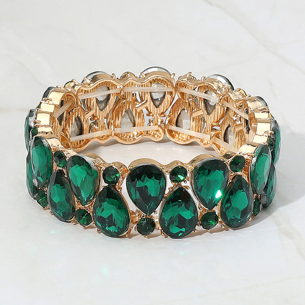 Emerald Green Teardrop Stretch Bracelet | Gold Tone Statement Crystal Bracelet for Evening & Special Occasions