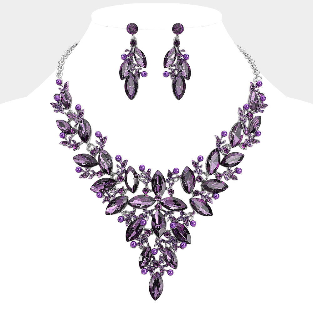 Purple Crystal Statement Necklace & Earrings Set – Amethyst Look Bridal Jewelry, Formal Evening Set