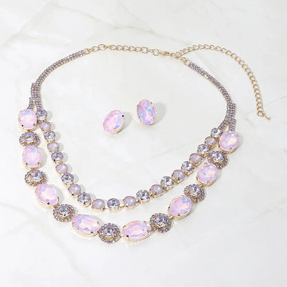 Oval Round Get Link Double Strand Evening Necklace Earrings Jewelry Set - Jewelry Sets from Glam Duchess