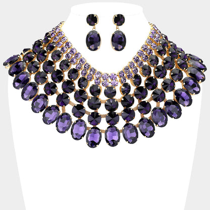 Purple Crystal Necklace – Chunky Statement Bib Necklace with Matching Earrings Set