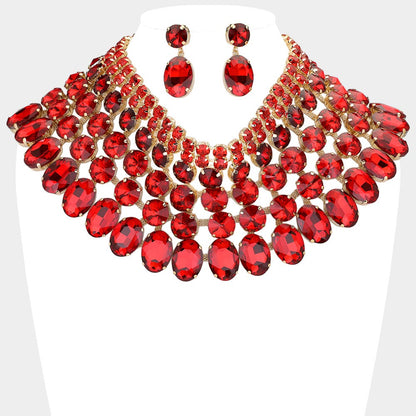 Red Crystal Necklace Set – Chunky Bib Statement Jewelry with Matching Earrings