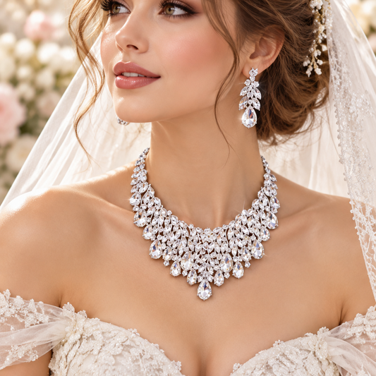 Crystal Bridal Necklace Set Teardrop Rhinestones Adjustable 18 to 21 Inches Earrings Included - Jewelry Sets from Glam Duchess