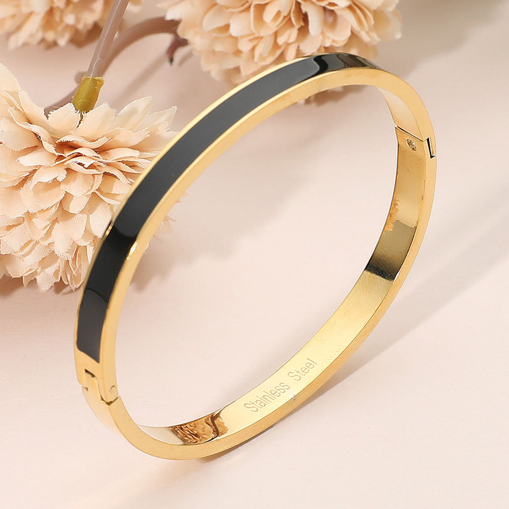 Stainless Steel Enamel Inlay Hinged Bangle Bracelet
