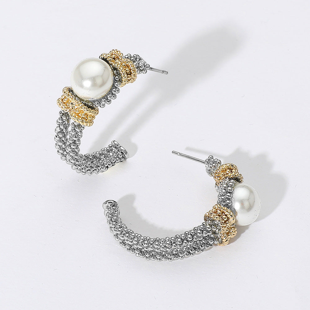 14K Gold Plated Two Tone Pearl Pointed Hoop Earrings