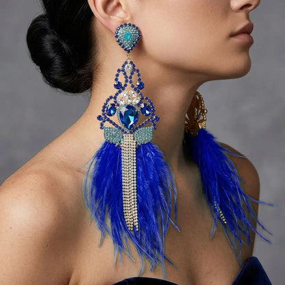 Oversized Teardrop Stone Center Rhinestone Fringe Lightweight Feather Drop Statement Earrings - Earrings from Glam Duchess