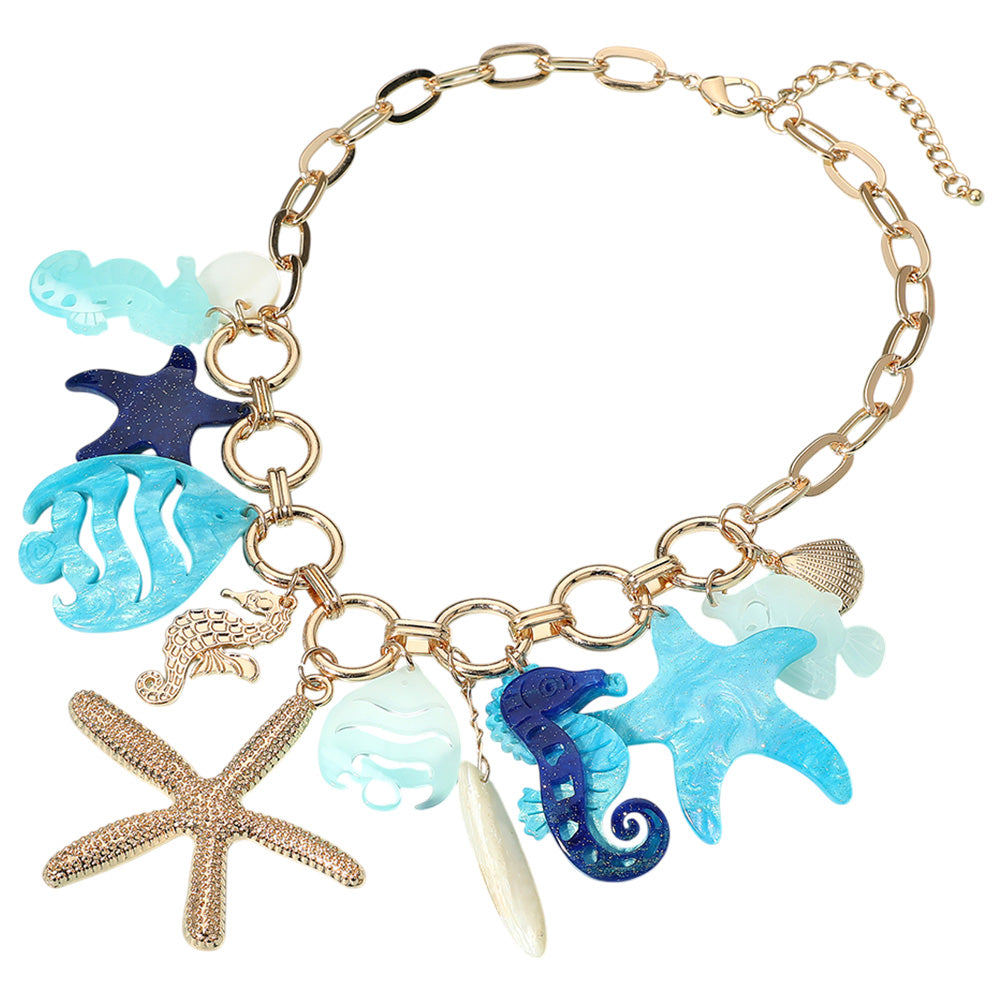 Celluloid Acetate Seahorse Starfish Fish Metal Shell Charm Station Statement Necklace
