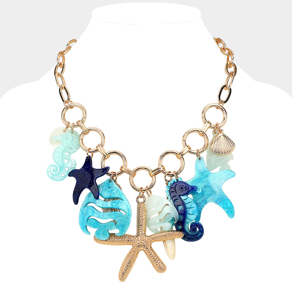 Celluloid Acetate Seahorse Starfish Fish Metal Shell Charm Station Statement Necklace