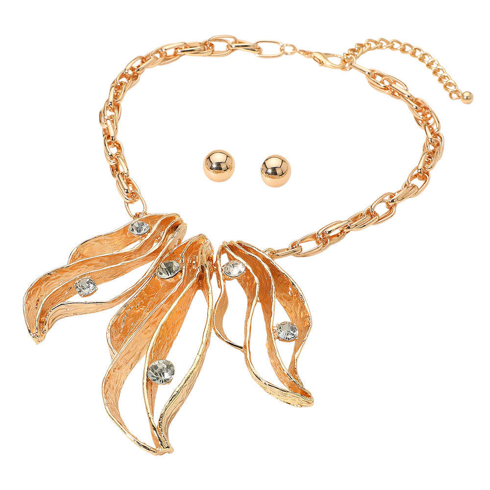 Stone Accent Resin Metal Cutout Floral Link Statement Necklace Earrings Set