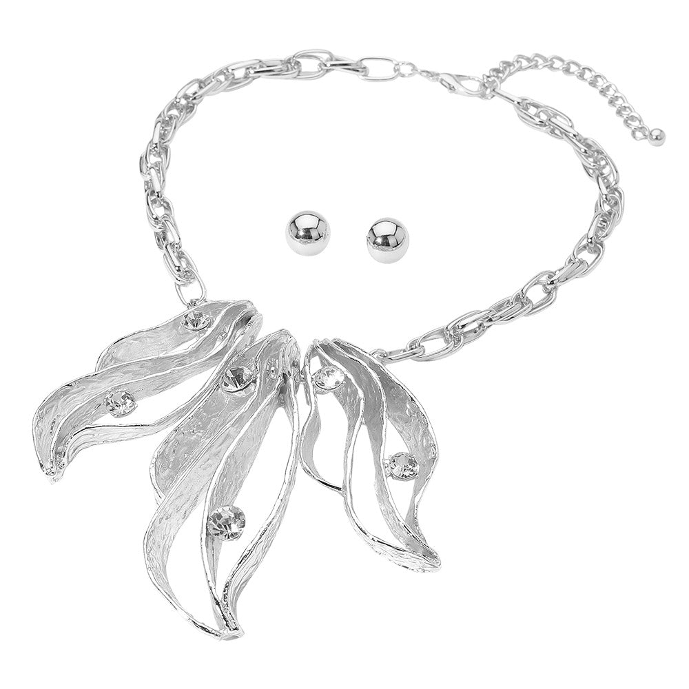 Stone Accent Resin Metal Cutout Floral Link Statement Necklace Earrings Set