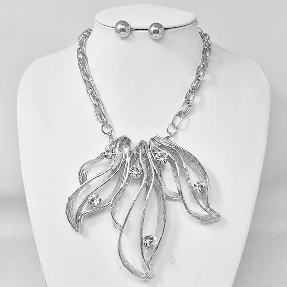 Stone Accent Resin Metal Cutout Floral Link Statement Necklace Earrings Set