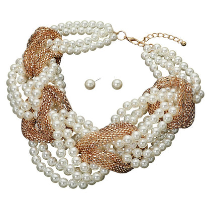 Bold Braided Pearl Metal Mesh Knot Statement Necklace Earrings Jewelry Set