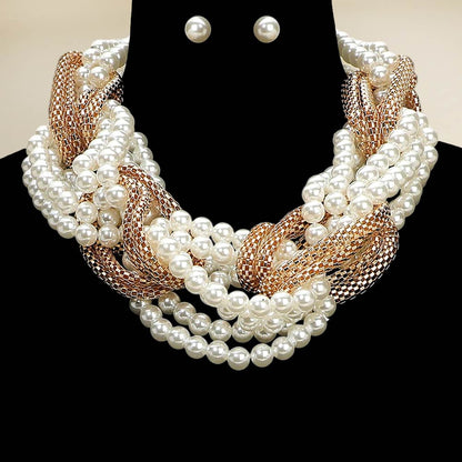 Bold Braided Pearl Metal Mesh Knot Statement Necklace Earrings Jewelry Set
