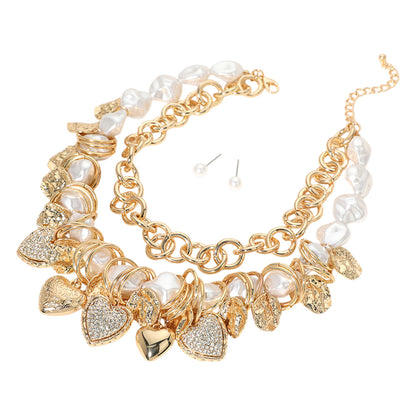 Chunky Heart Charm Embellished Pearl Beaded Layered Necklace Earrings Jewelry Set