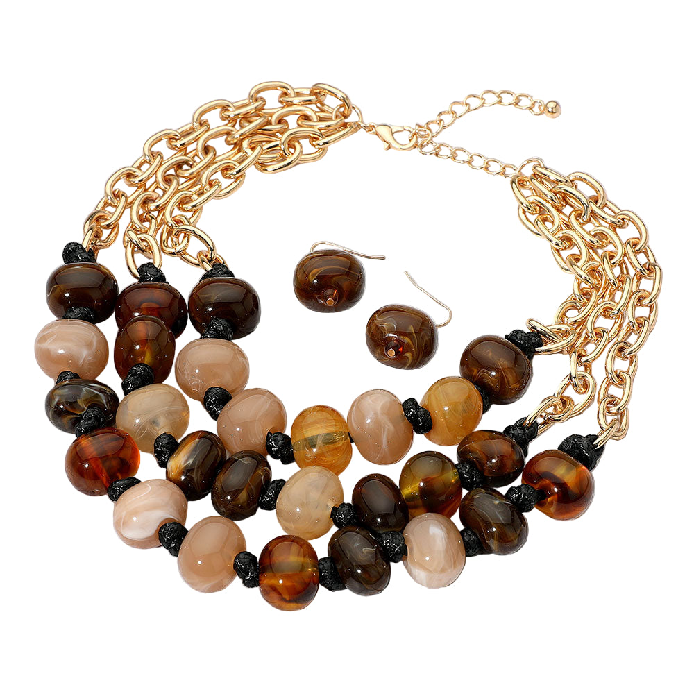 Chunky Marbled Resin Pebble Beaded Triple Layered Strand Statement Necklace Earrings Jewelry Set