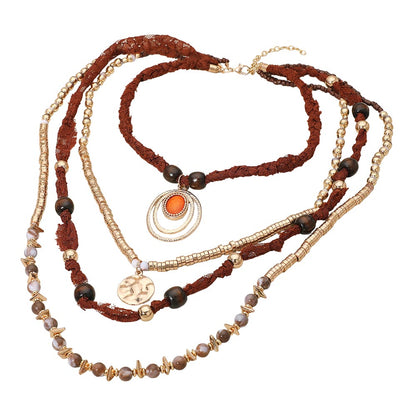 Boho Mixed Charm Accent Beaded Fabric Multi Layered Necklace