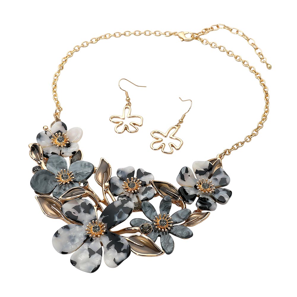 Resin Floral Statement Necklace Earrings Jewelry Set