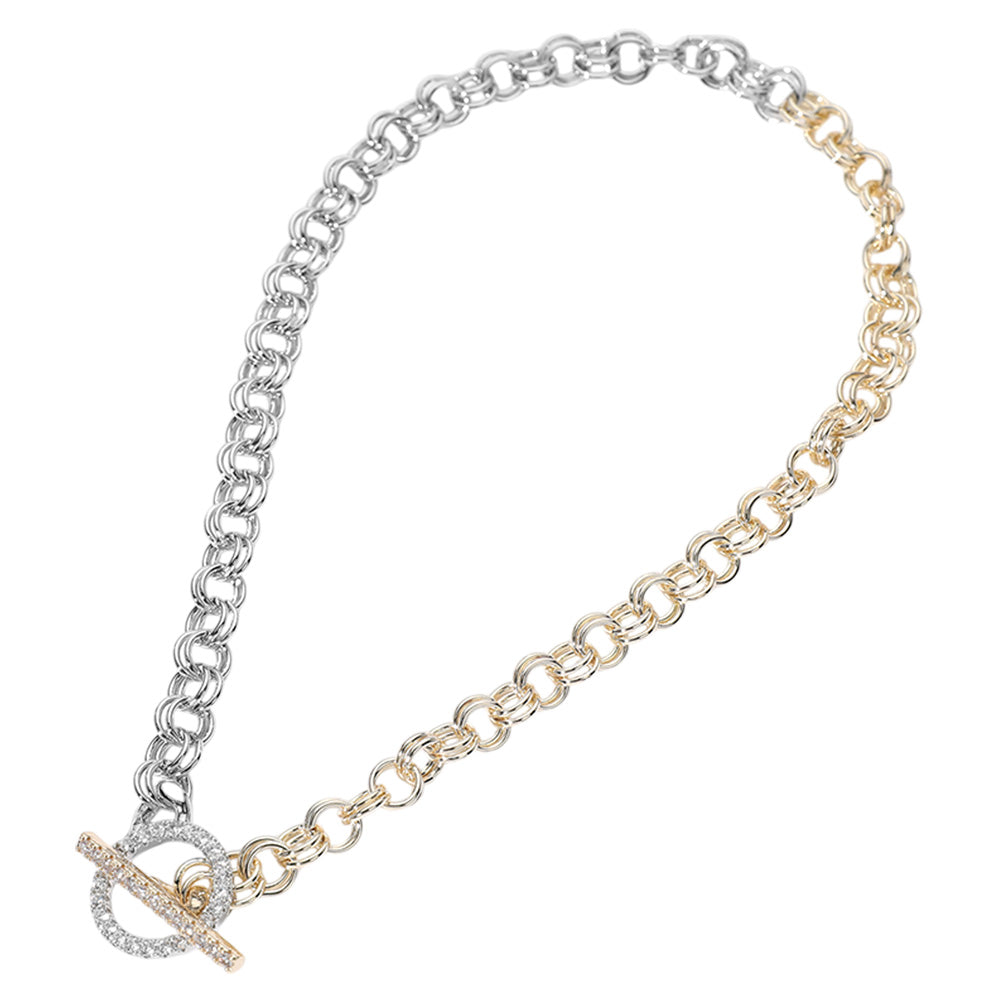 14K Gold Plated CZ Stone Paved Two Tone Chain Toggle Necklace