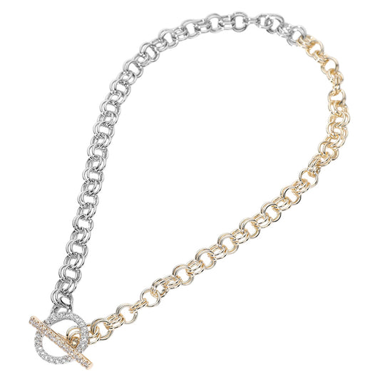 14K Gold Plated CZ Stone Paved Two Tone Chain Toggle Necklace