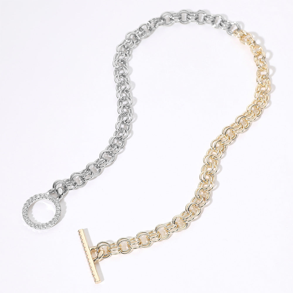 14K Gold Plated CZ Stone Paved Two Tone Chain Toggle Necklace